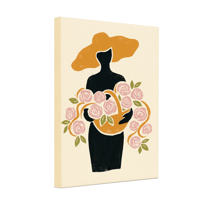 Plantes et fleurs, silhouette de femme tenant un panier de roses, H 30 po x l 20 po