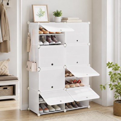 8-Tier Shoe Rack with Doors, 32-Pair Modular Storage Cabinet, White