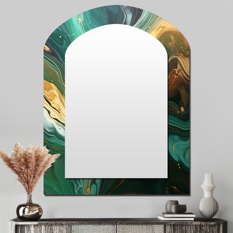 Abstract Green And Gold Marble River IV - Green Modern Arch Wall Mirror, 43" x 33"