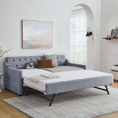 Twin Size Upholstery Daybed With Twin Size Erectable Trundle And USB Charging Design