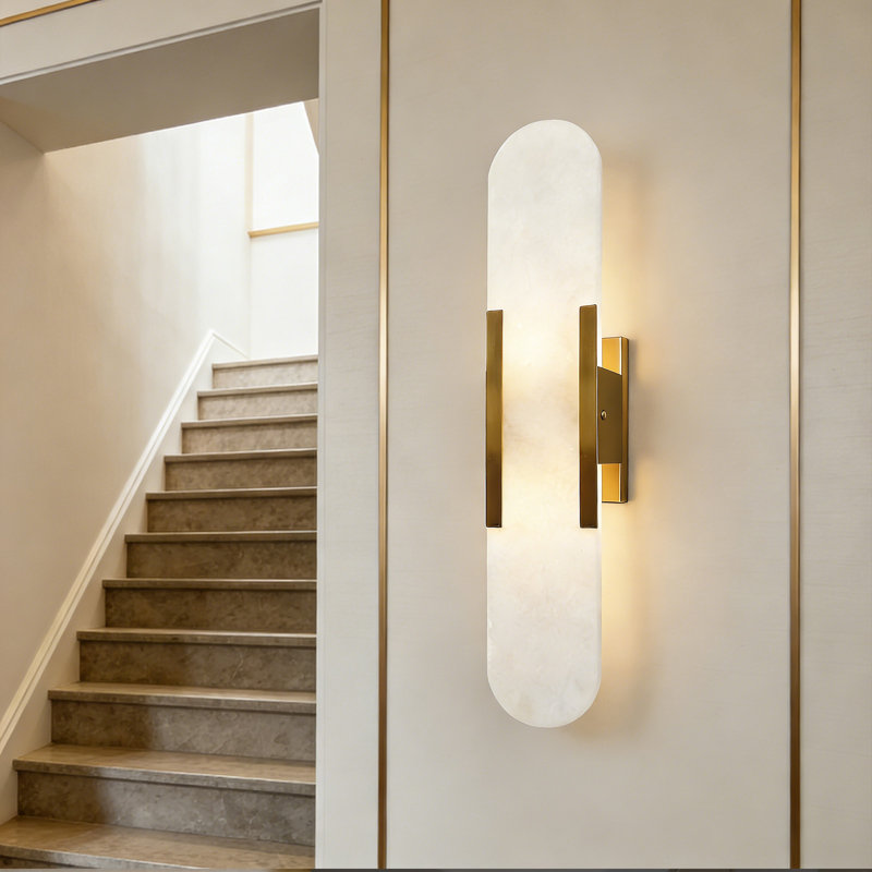 19.7" Natural Alabaster Sconce - Modern Real Stone Wall Light with 20% Thickened Gold Base (Hardwired), Gold