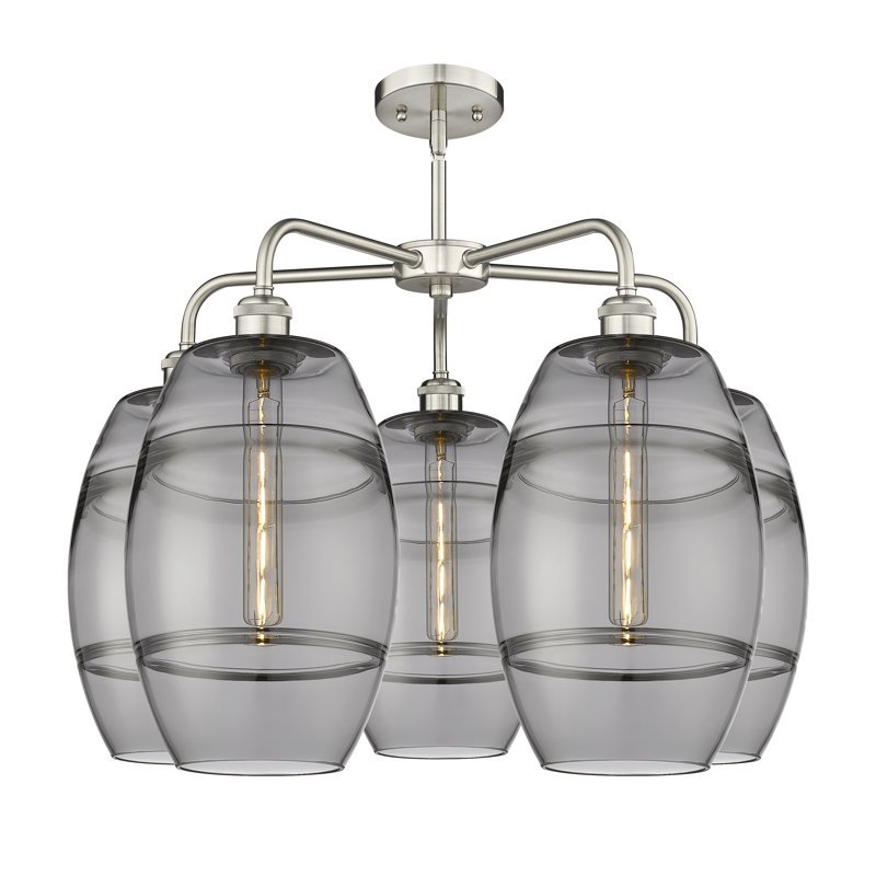 Lustre rond / ovale à abat-jour 5 lumières, Nickel satiné, Gris fumée clair, H 15,38 po x l 26 po x P 26 po