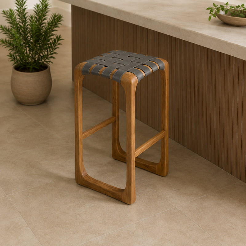 Tabouret de bar de terrasse en teck avec siège en cuir