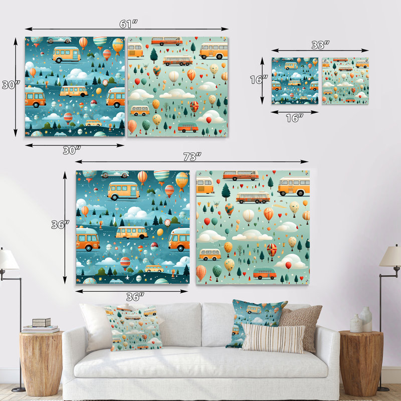 «Bus to School Parade For Childrens Room» - ensemble de 2 peintures murales en acrylique pour enfants, H 16 po x l 33 po
