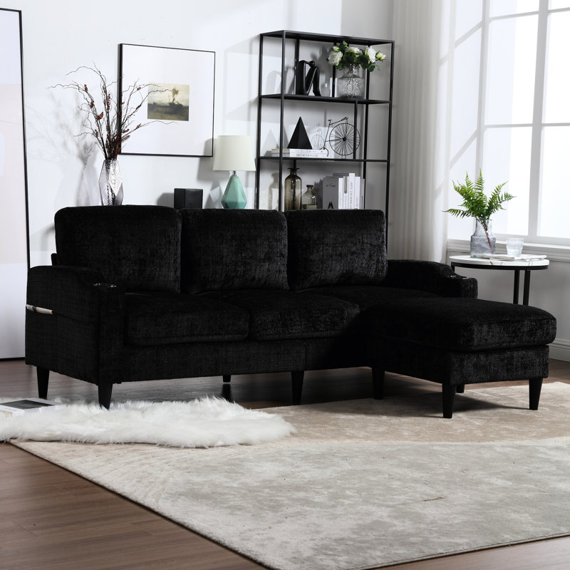 Salon modulaire en chenille avec rangement et porte-gobelet pratique, Noir