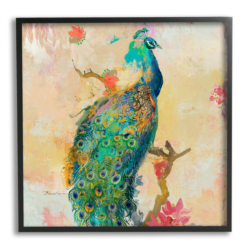 «Modern Peacock Cherry Blossoms» par Evelia Designs - cadre flottant, impression sur bois, Giclée encadrée noir minuit