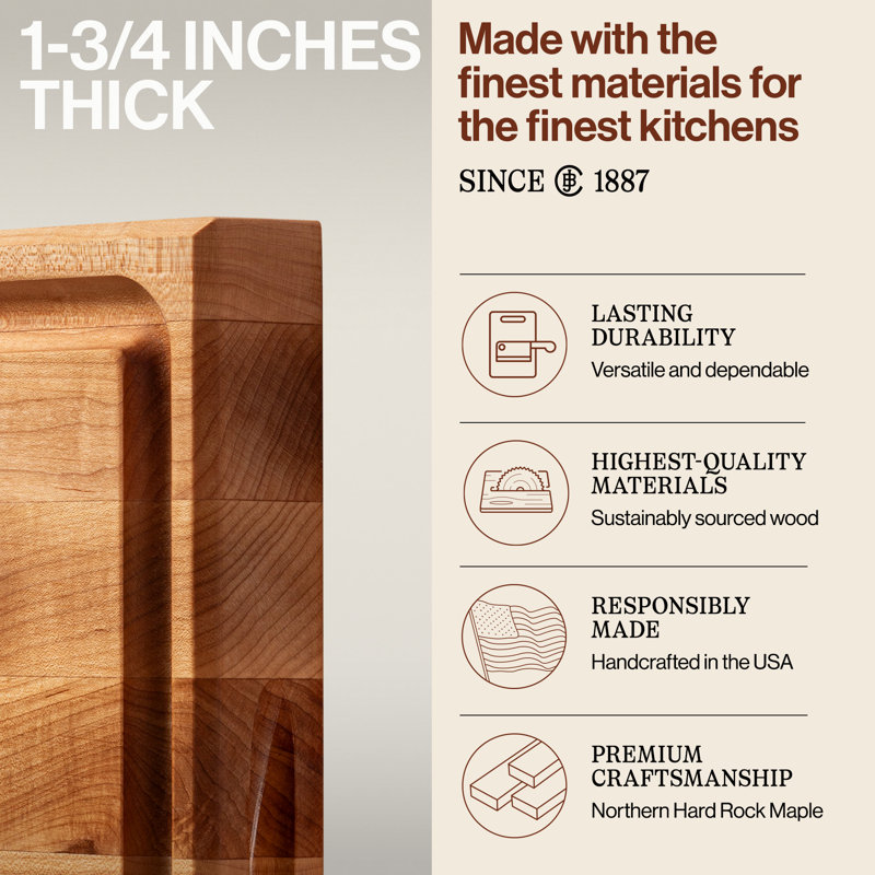 John Boos Chef's Collection Edge Grain 1.75" Maple Cutting Board with Groove, 15" L x 15" W x 1.75" D