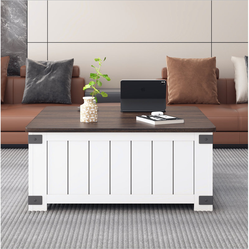 Farmhouse Lift Top Coffee Table With Storage, Wood Square Center Table With Charging Station&USB Ports, Living Room Central Table 4 Grids Large Hidden Space, For Living Room, Bedroom, Home Office