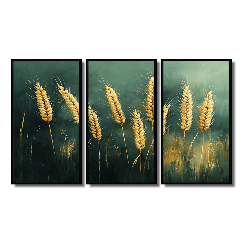 «Green Golden Wheat Fields I», ensemble d'art mural ferme, H 28 po x l 36 po x P 1 po, Toile avec cadre flottant noir