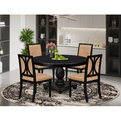 L'ensemble de table de salle à manger 5 pièces se compose d'une table de salle à manger et de 4 chaises de salle à manger en tissu de polyester beige avec dossier haut - finition sablée