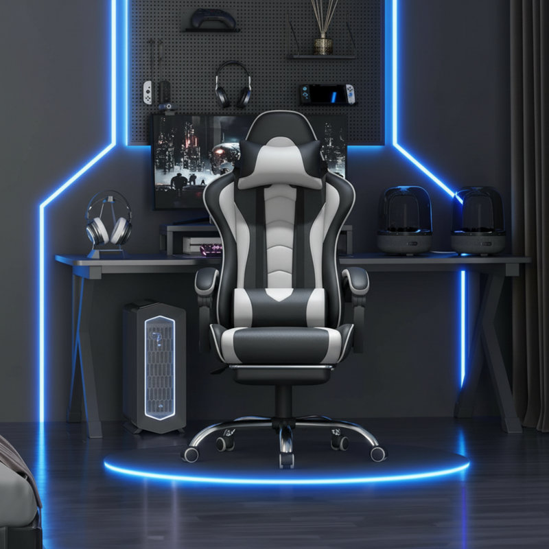 Black And White Ergonomic Gaming Chair With Massage And Lumbar Support, Footrest And Headrest, Height Adjustable And Swivel.