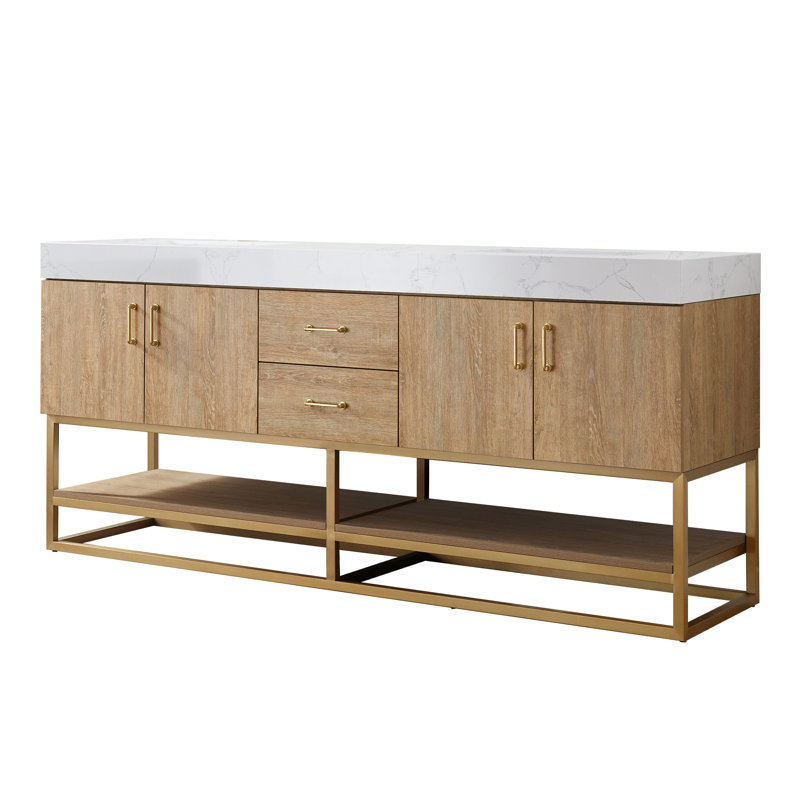 Ensemble de meuble-lavabo double 72 po Alistair, Doré, Chêne naturel, Blanc