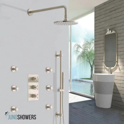 Juno Cali Thermostatic Wall Mount Shower System With Six Body Jets in Brushed Nickel