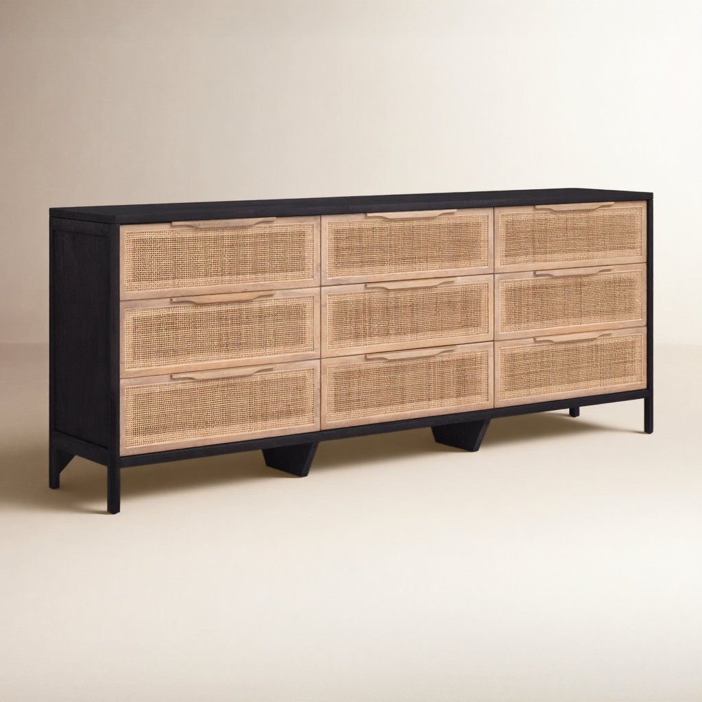 Nellie 9-Drawer Cane Dresser, Black/Natural