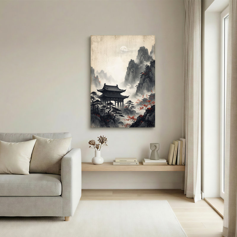 «Ink Wash Pagoda» au milieu des montagnes brumeuses et de la pleine lune, art mural sur toile, 30"H x 20"W