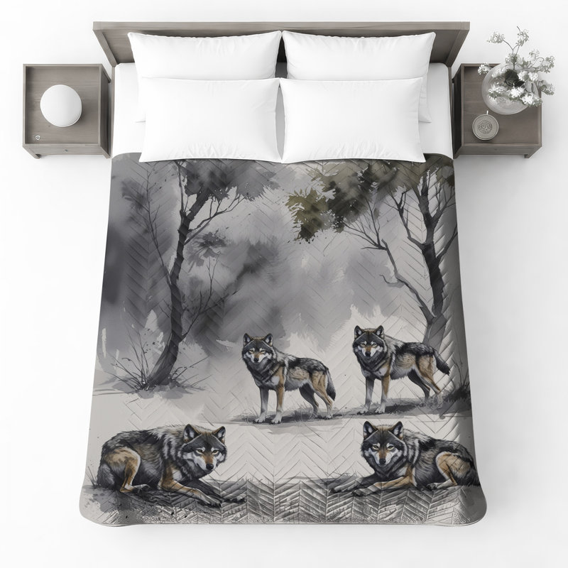 Couvre-lit matelassé gris Wolves In Forest, Grand lit