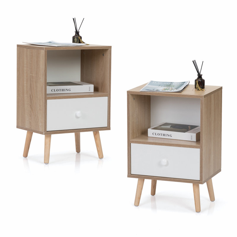 Natural and White Particleboard Pinewood Mid-Century Nightstand Set of 2