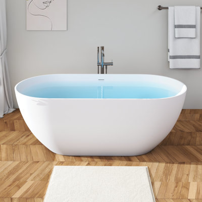 63" Solid Surface Freestanding Bathtub, Modern Oval Shape Soaking Tub, Stone Resin Stand Alone Bathtub With Drain & Integrated Slotted Overflow Matte White
