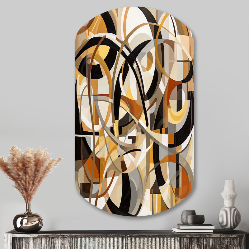 Mid Century Artistic Transformations I - Mid Century, art mural asymétrique moderne en métal, cylindre jaune