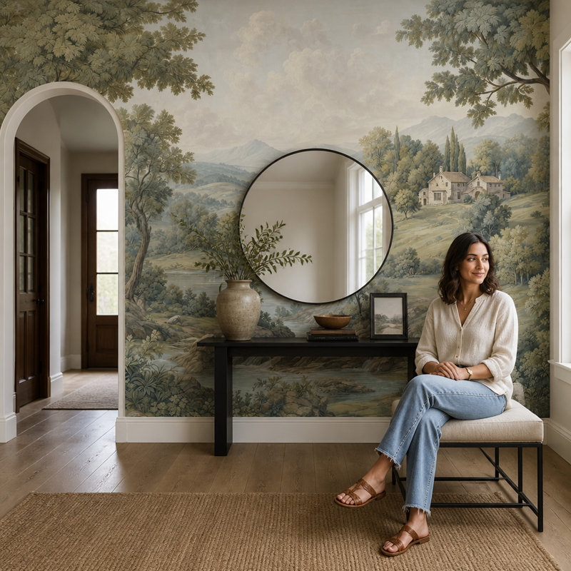Papier peint ciel nuageux, paysage champêtre, villa rustique, fresque murale, 140 po x 108 po, Peler et coller