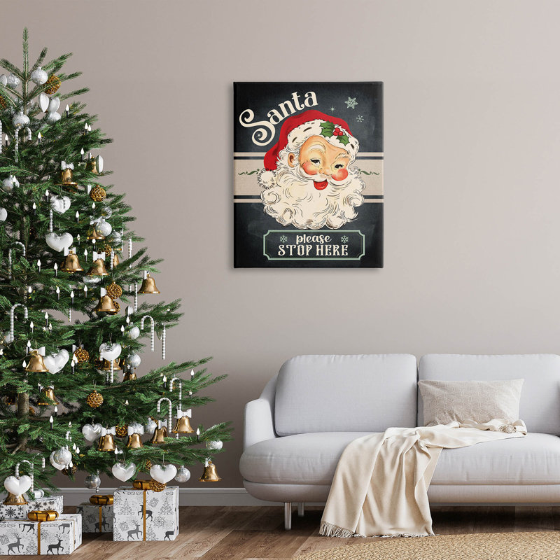 Père Noël, arrêtez-vous ici, art souriant sur toile rétro par Jo Moulton, H 40 po x l 30 po x P 1,5 po