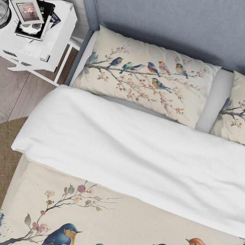 Ensemble de housse de couette multicolore Birds On Plum Blossoms Tree en microfibre / polyester