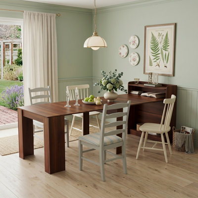 98" Extendable Console to Dining Table, 3-in-1 Transforming Space-Saving Desk with Storage Shelf, Walnut Finish