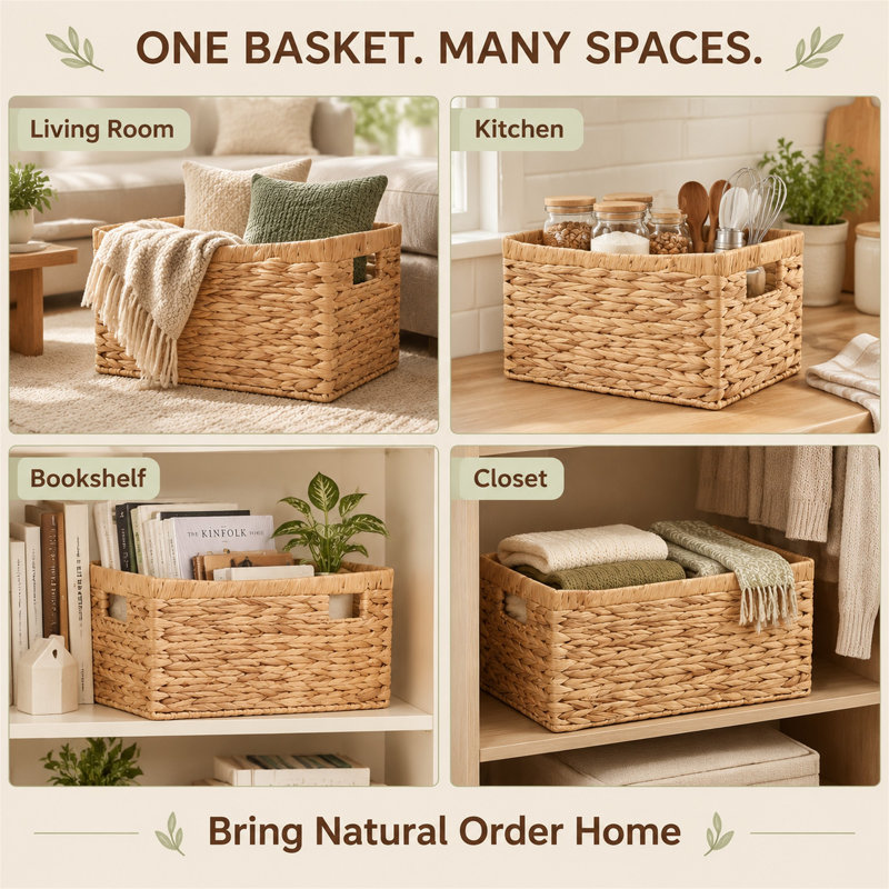 Panier de rangement rectangulaire en jacinthe d'eau naturelle tressée à la main, bac de rangement en osier avec poignées intégrées pour étagère, chambre, cuisine, 39 x 27 x 17 cm