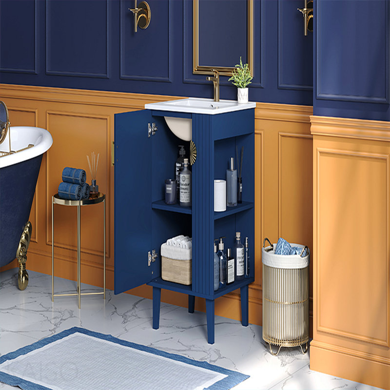 20-Inch Bathroom Vanity With Ceramic Sink, Freestanding Single Vanity Set With Soft Closing Door, Chic Half-Moon Pulls, French Style, Blue