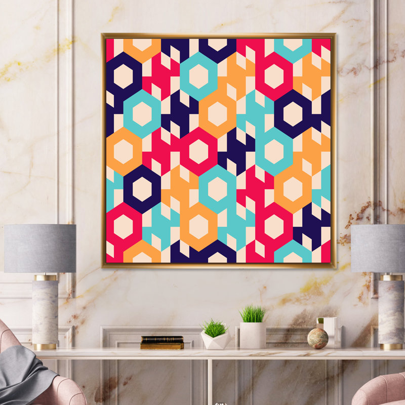 «Retro Geometrics In Blue Orange And Red», impression sur toile, H 36 po x l 36 po, Cadre flottant doré