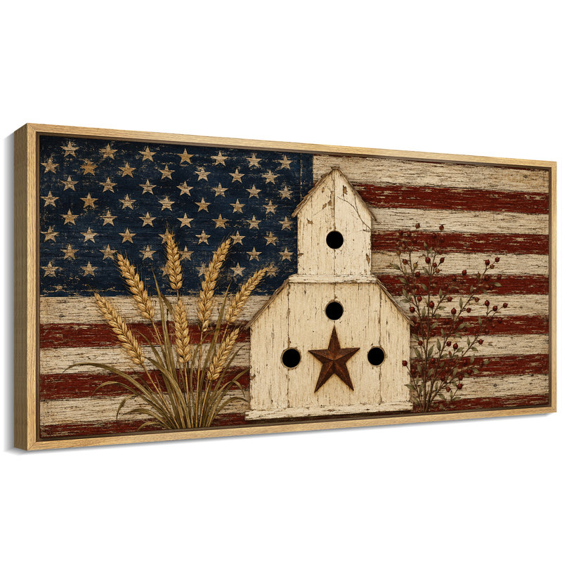 «Rustic American Flag Birdhouse Barn Star Patriotic Wall Decor», reproduction d'art encadrée sur toile encadrée, Naturel