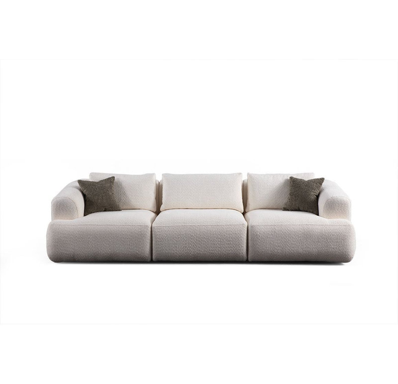 Modern 3-Seat Sofa, White Fabric Upholstery, 114.2 x 41.3 x 33.5 inches | Durable Wood & Chipboard Frame, 100% Polyester, Dry-Cleanable | Comfortable Fixed Back & Arm Rest, 28 DNS Layered Foam | Stylish Addition to Living Room or Office