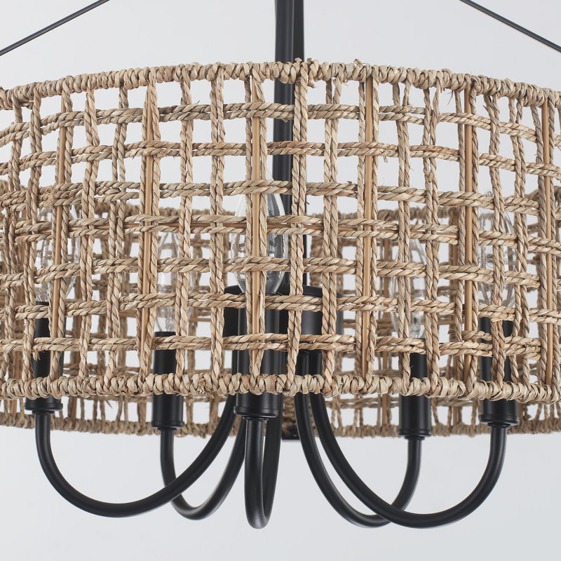 5 - Light 18.35” Dimmable Metal Drum Rattan Bohemian Candle Chandelier With Seagrass Shade, Noir, noir, noir, noir