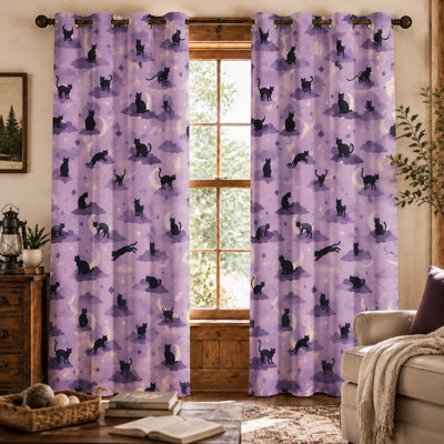 2 pièces de rideaux à œillets mignons avec des chats noirs et des œillets, un imprimé de nuage céleste fantaisiste, des rideaux ludiques pour la décoration de chambre à coucher ou de salon