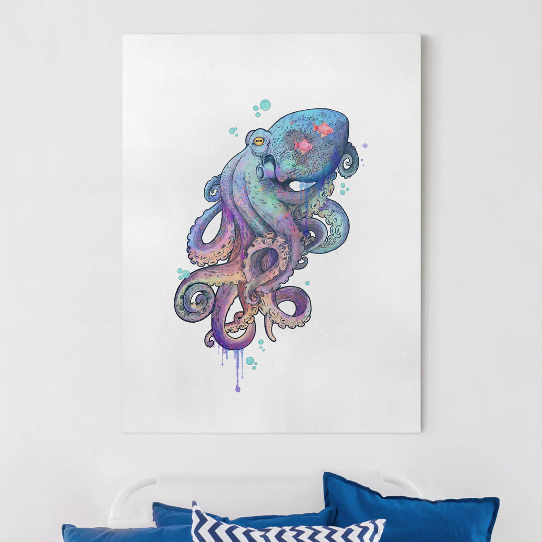 Leinwandbild - Illustration Oktopus Violett Türkis Malerei