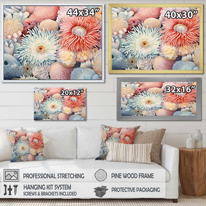 Sea Anemone Pastel Elegant, impression sur toile encadrée, H 24 po x l 32 po x P 1 po, Cadre doré simple