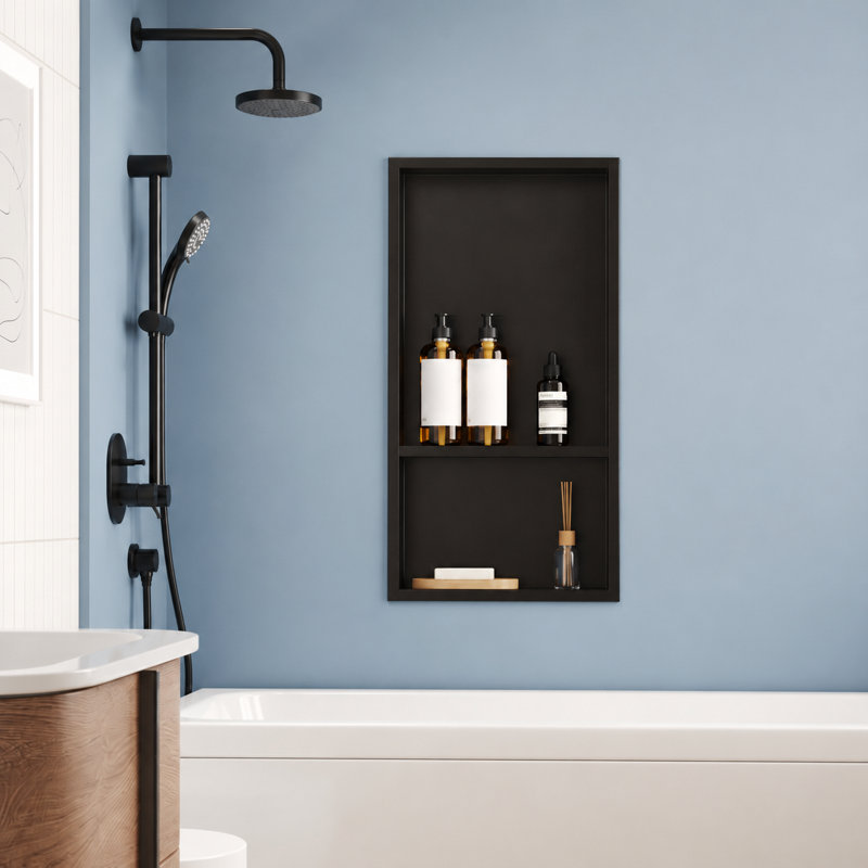 13" W x 25" H Double Shower Niche, No Tile Required with Drainage Slope, Matte Black Recessed Shelf