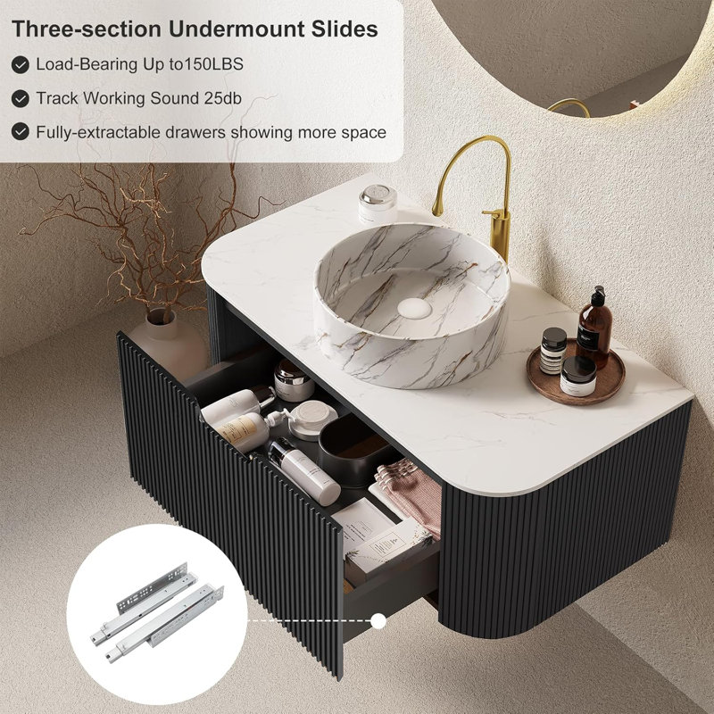 Floating Bathroom Vanity with Sink,Ceramic Basin and Marble Countertop, No Assembly Required, Black, 24"