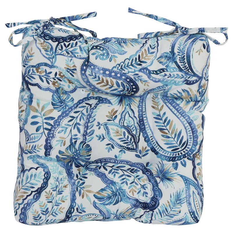 16-Inch Square Outdoor Tufted Chair Cushions (Set Of 2), White/Faylinn Lapis Paisley