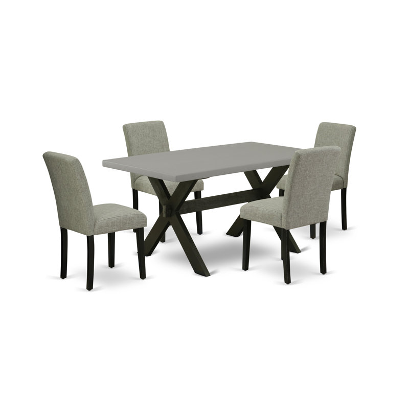 5 Piece Modern Dining Table Set Includes a Rectangle Wooden Table with X-Legs and 4 Shitake Linen Fabric Upholstered Parson Chairs, Wire brushed Black