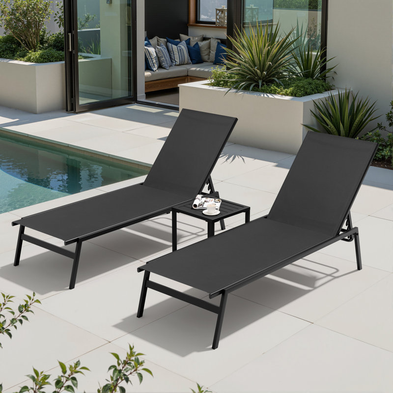 Esko Metal Outdoor Chaise Lounge Set with Table, Black