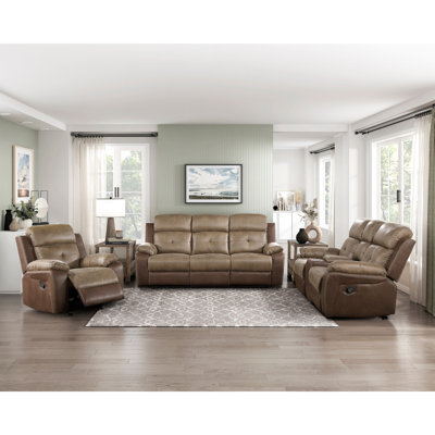 3 pièces inclinables en microfibre brune, style moderne pour le salon principal, structure en bois massif, rembourrage en mousse sur les ressorts ensachés, coussins attachés, avec rangement central et porte-gobelets en microfibre