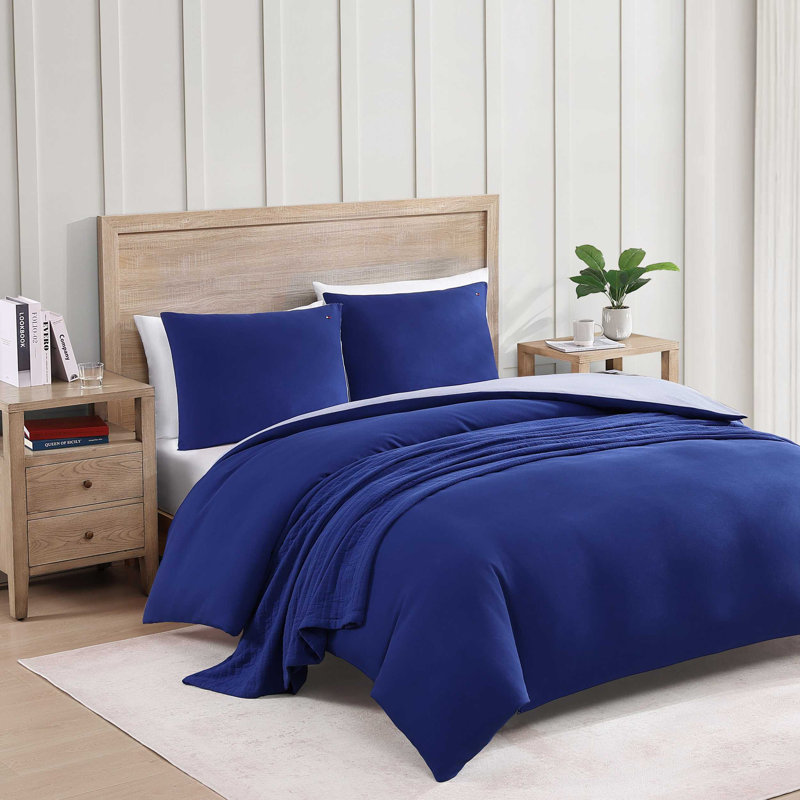 Tommy Hilfiger Micro Pique Solid Duvet Cover Set, Queen Duvet Cover + 2 Standard Shams, Blue