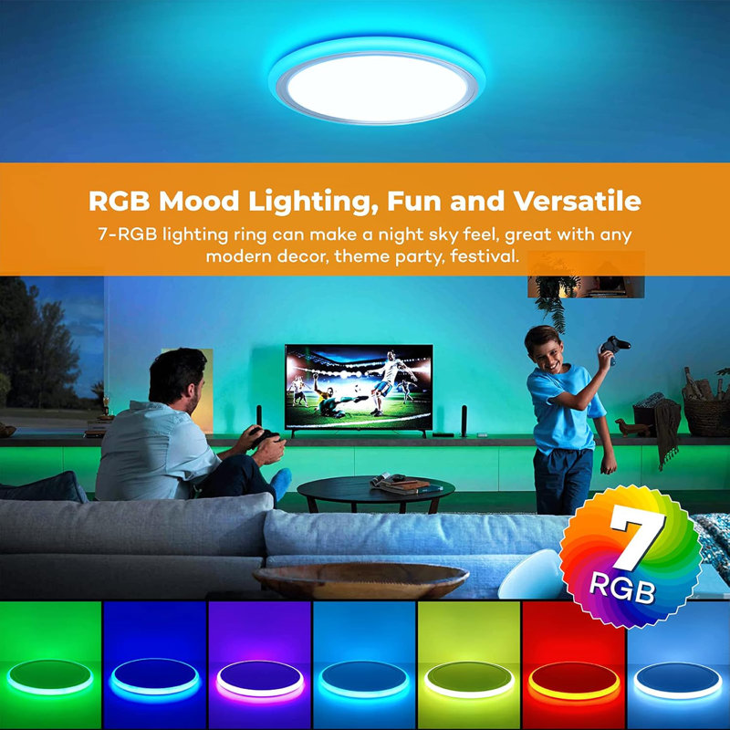 RGB Led Flush Mount Ceiling Light With Remote Control 13Inch 24W 2400LM 3000-6500K Dimmable Colour Changing Light Fixture Modern Round White Ceiling Lamp