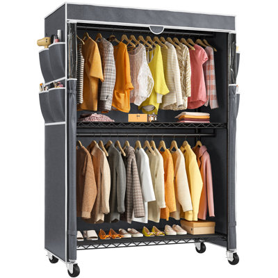 445lbs Rolling Clothes Rack With Cover, 81"h Adjustable Wire Portable Closets, Freestanding Wardrobe Closets With Wheels