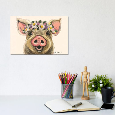 Pig With Flower Crown On Blush by Hippie Hound Studios - Wrapped Canvas Painting