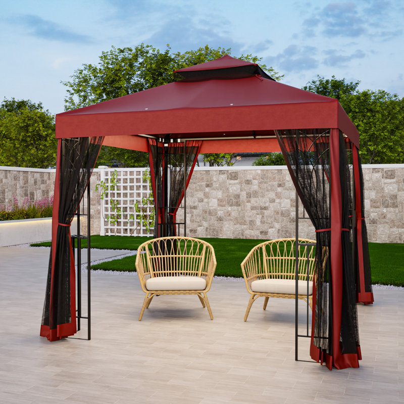 8 Ft. W x 8 Ft. D Steel Patio Soft Roof Gazebo With Netting, Red