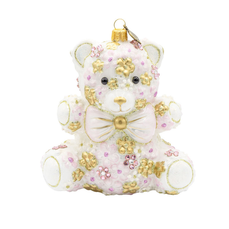 Ornement floral rose en peluche, Blanc / or / rose
