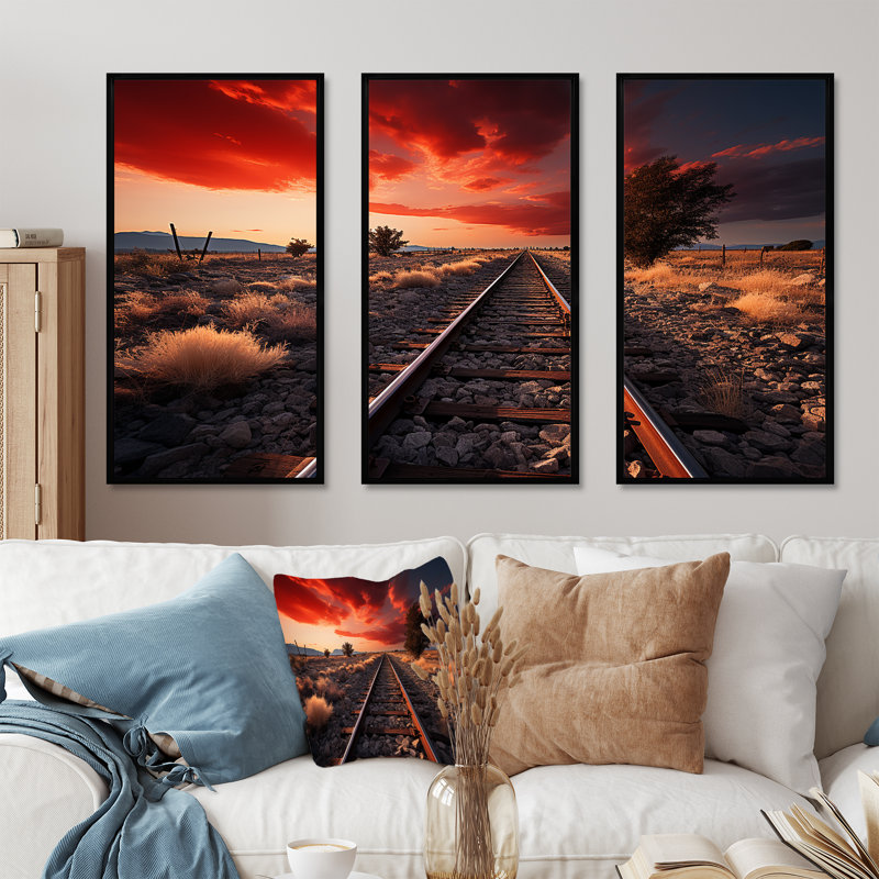 Train, train rouge, ensemble de reproductions d'art mural, Cadre flottant noir, H 28 po x l 36 po x P 1 po