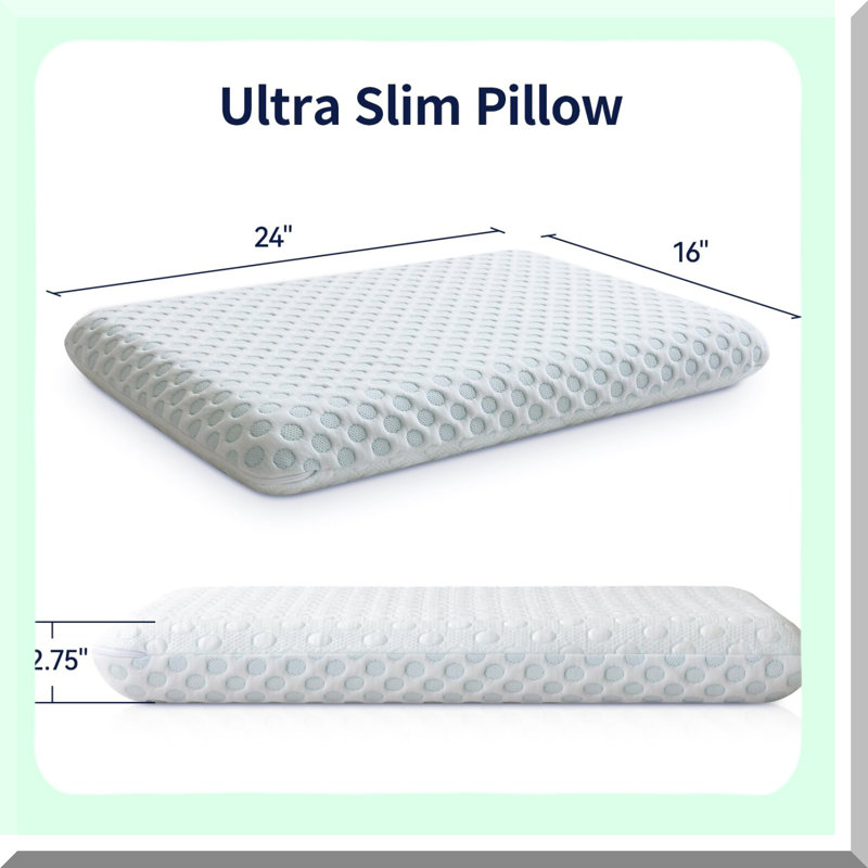 SlimSleep Gel Memory Foam Pillow - Ultra Thin Stomach Sleeper Pillow for Side & Back Sleepers - Two-Sided CertiPUR-US Standard - Cooling Support